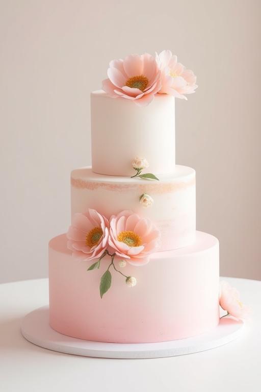 Elegante torta nuziale a tre piani con sfumature rosa e peonie di zucchero.