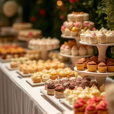 Un tavolo da catering elegantemente allestito con una varietà di dessert.